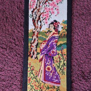 Vintage Needlepoint Geisha Girl  under Cherry Blossom tree--Finished